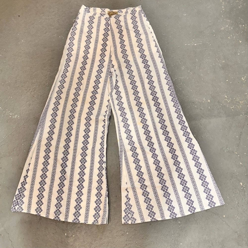 Dejavu Womens Pants Size M Cotton Blend Wide Leg Lightweight White/Blue Boho